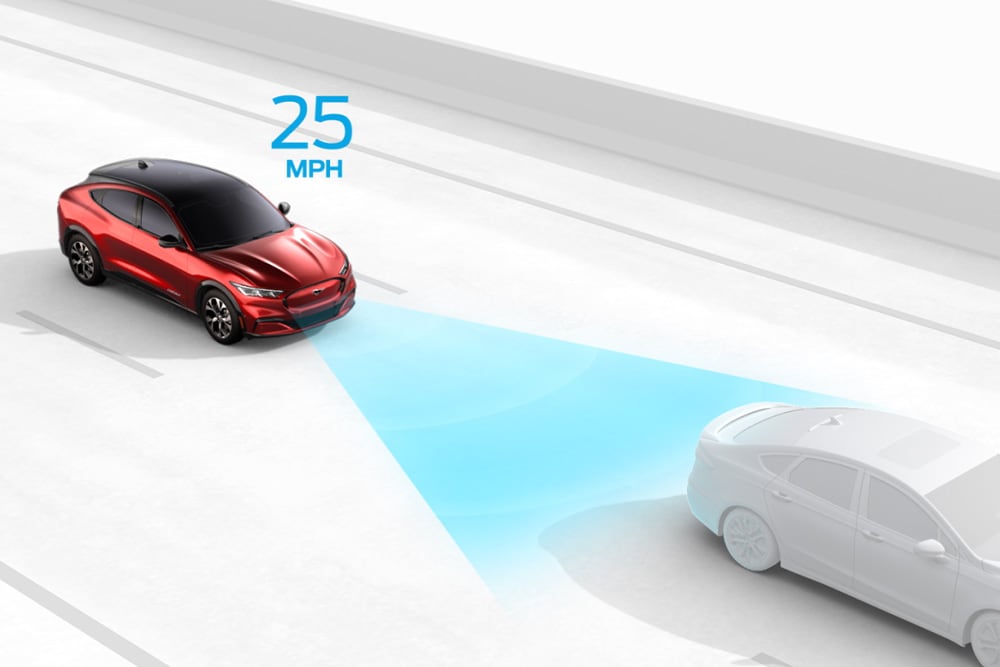 Grafické znázornění inteligentního rychlostního asistenta ve voze Ford.