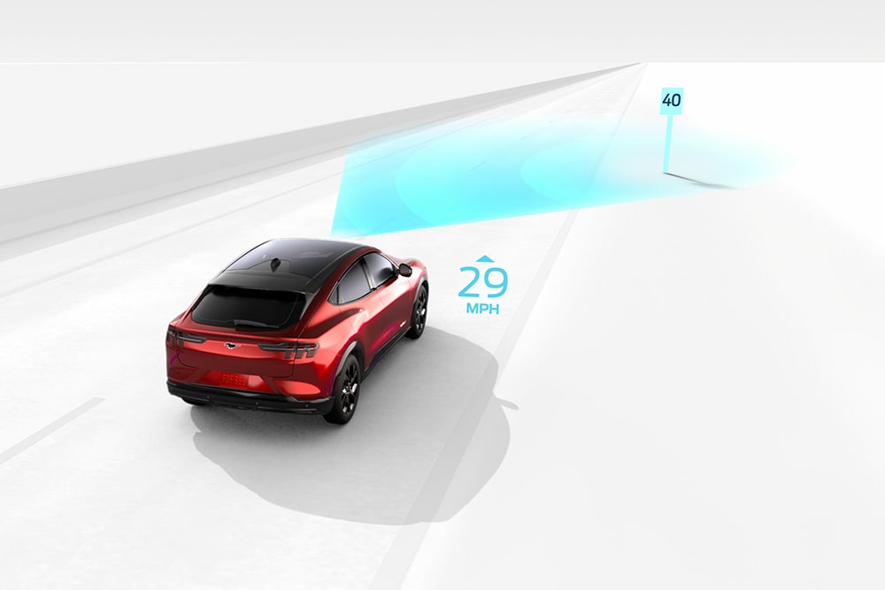 Grafické znázornění systému rozpoznávání provozu na vozidle Ford.