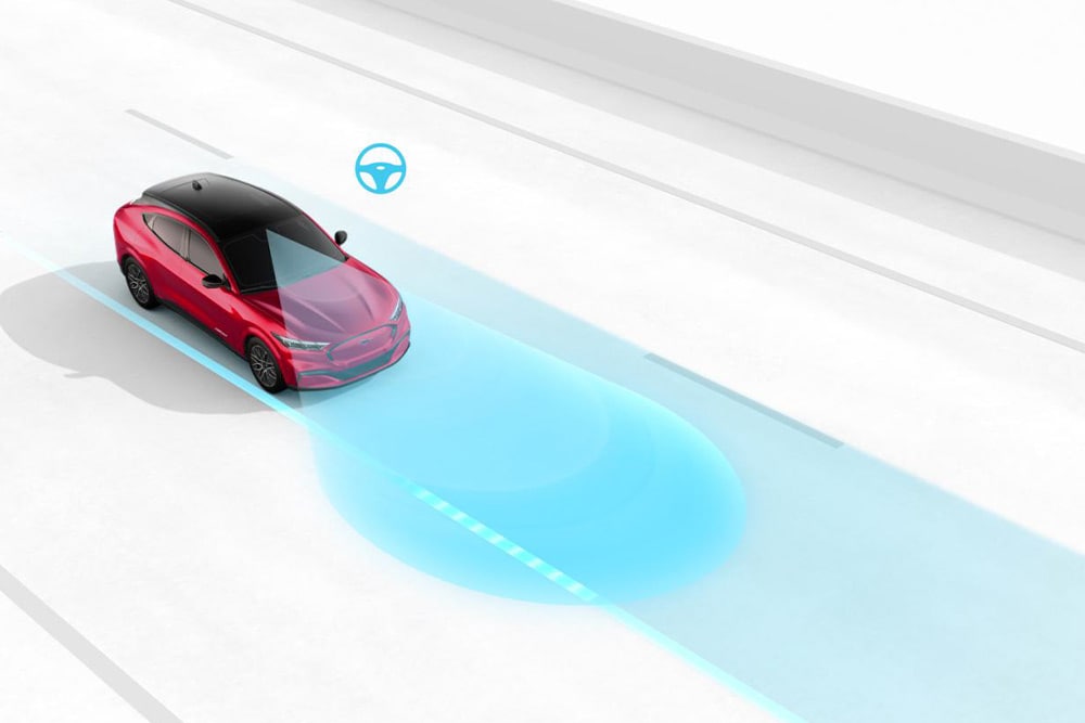 Grafické znázornění systému udržování vozidla v jízdním pruhu na vozidle Ford.