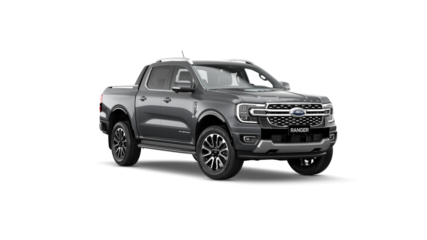 3/4 přední pohled na Ford Ranger Platinum v barvě šedá Carbonized