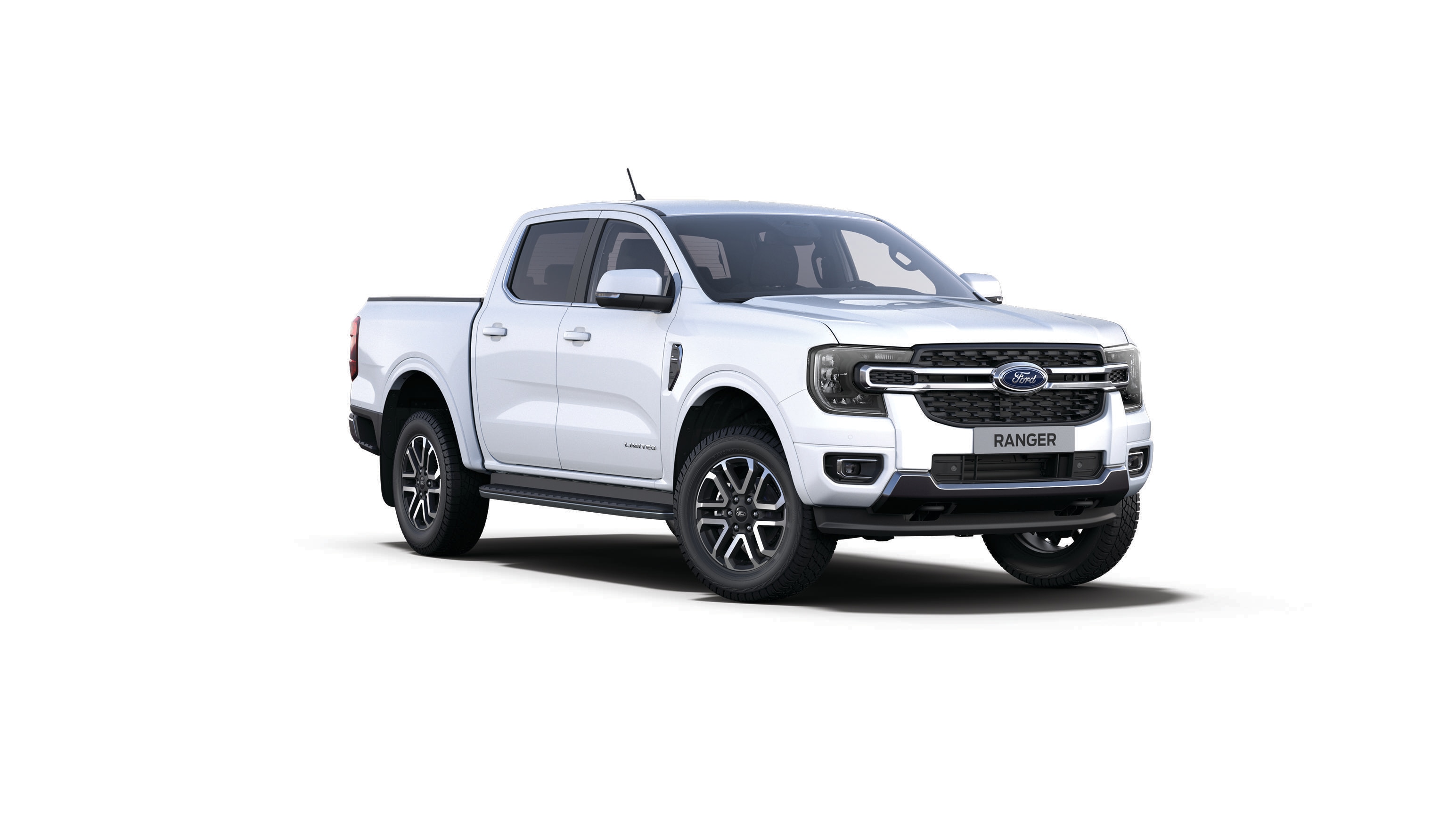 3/4 přední pohled na Ford Ranger Limited v barvě bílá Frozen