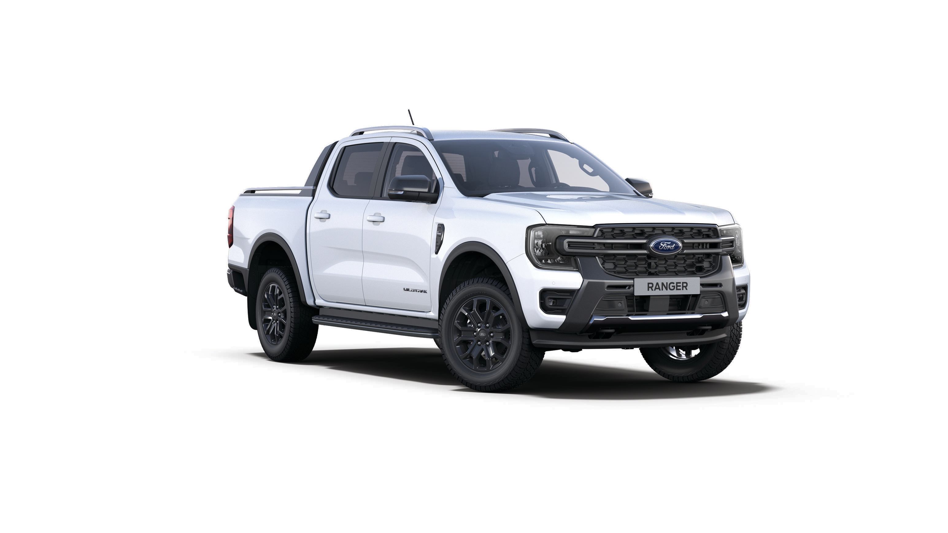 3/4 přední pohled na Ford Ranger Wildtrak v barvě bílá Frozen