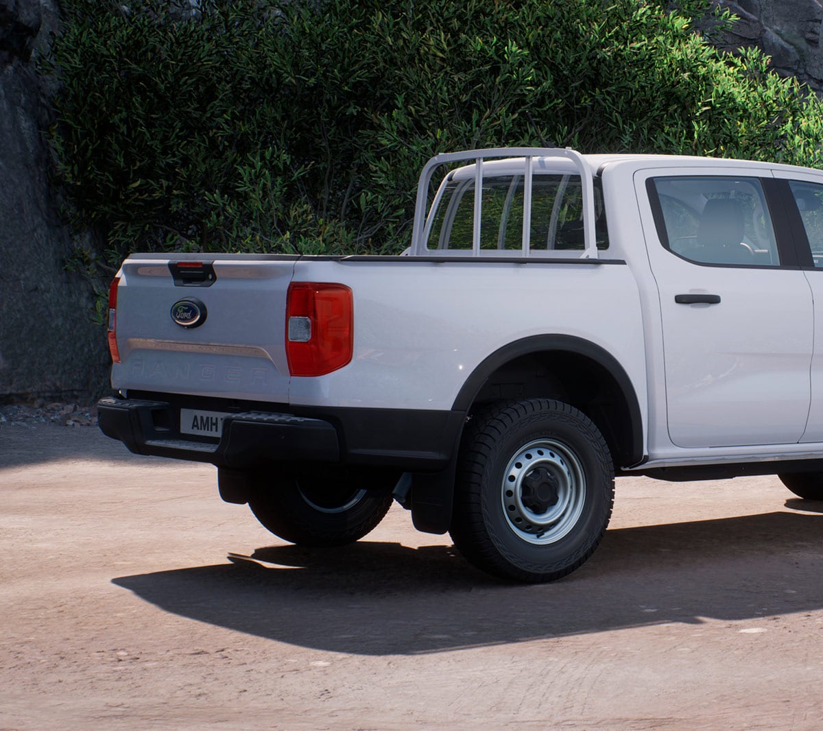 3/4 zadní pohled na Ford Ranger v barvě bílá Frozen
