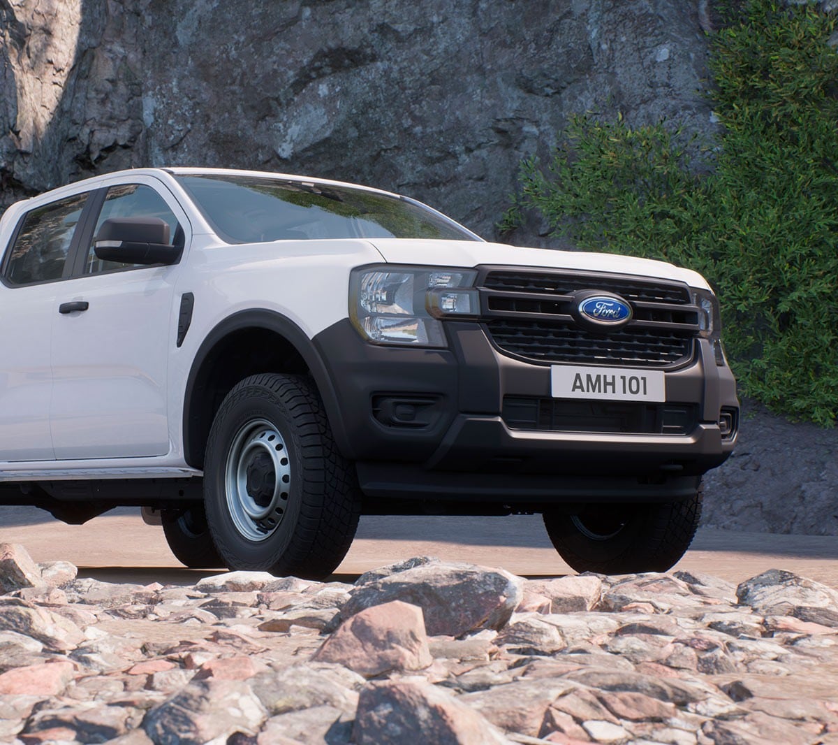 3/4 přední pohled na Ford Ranger v barvě bílá Frozen