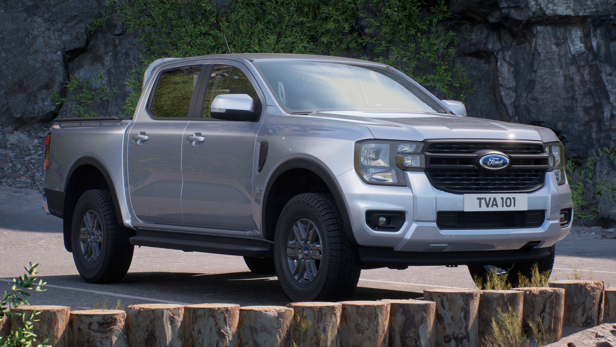3/4 přední pohled na Ford Ranger v barvě stříbrná Moondust