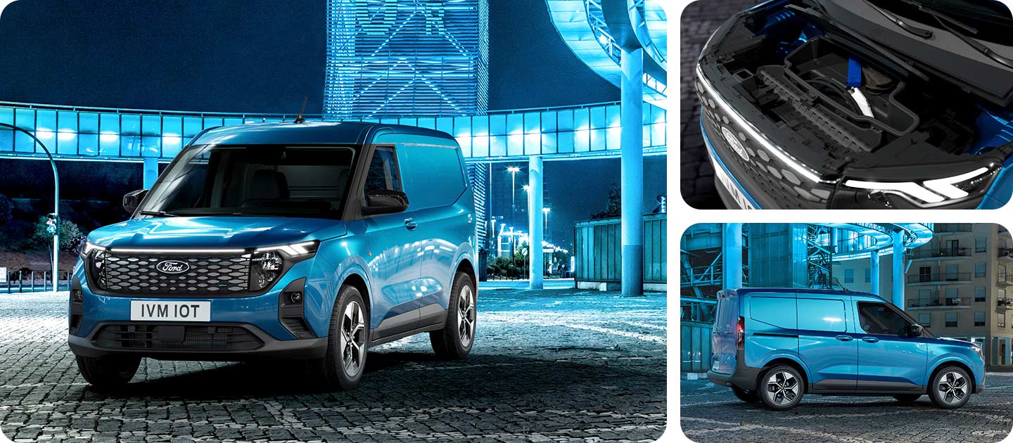 Ford E-Transit Courier v barvě modrá Digital Aqua, přední pohled