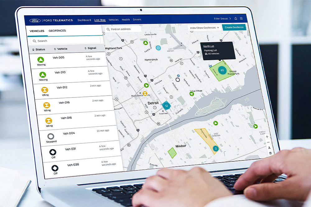  Řídicí panel Ford Pro Telematics zobrazený na obrazovce notebooku.
